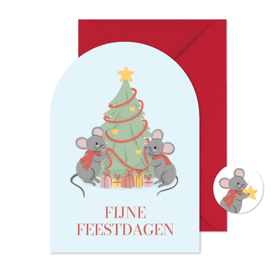Schattige kerstkaart boogvorm met muisjes en kerstboom - Kaartimpressie