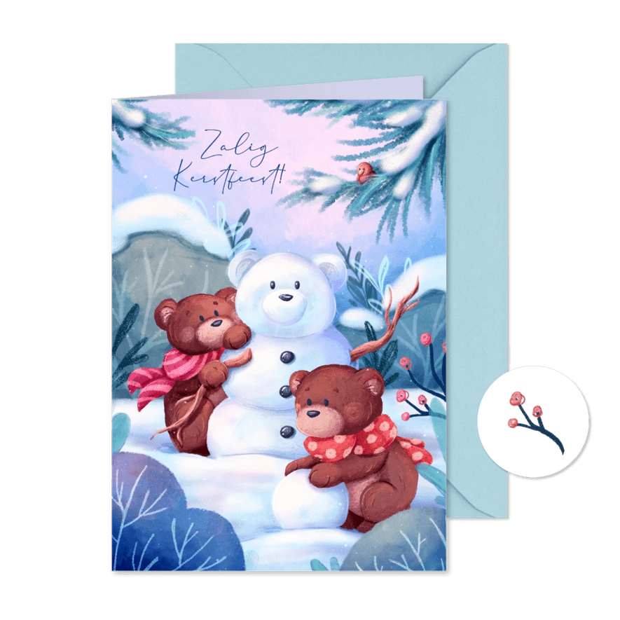 Schattige kerstkaart met beren en sneeuwpop - Kaartimpressie