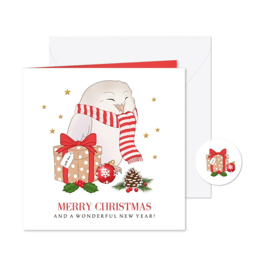 Schattige kerstkaart met een uiltje en kerstelementen - Kaartimpressie