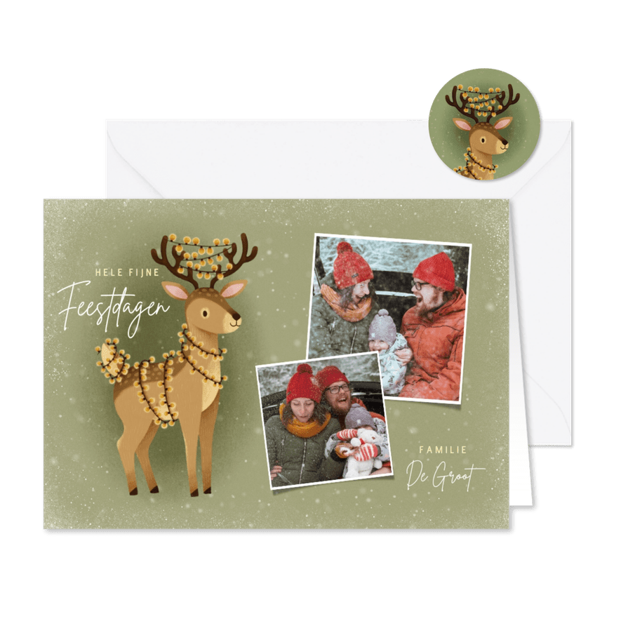 Schattige kerstkaart met hert kerstlampjes en foto's - Kaartimpressie