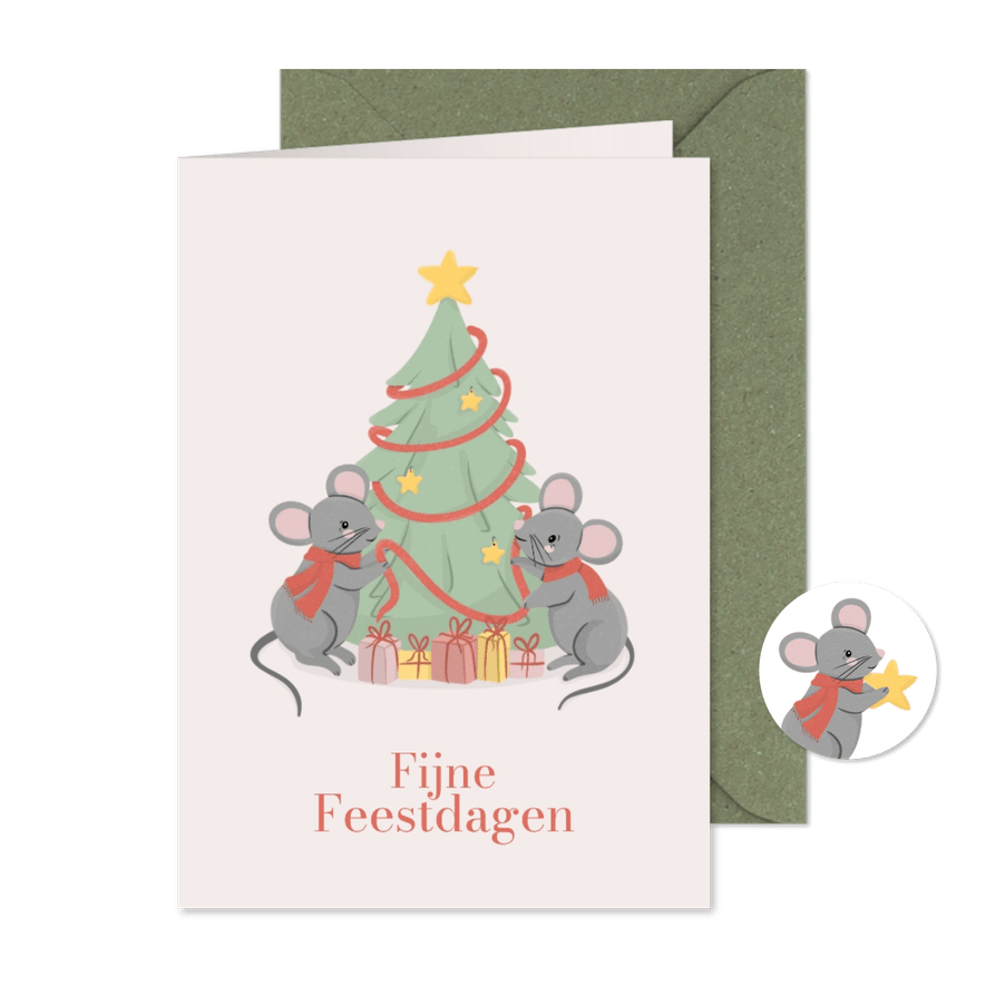Schattige kerstkaart met muisjes die kerstboom versieren - Kaartimpressie