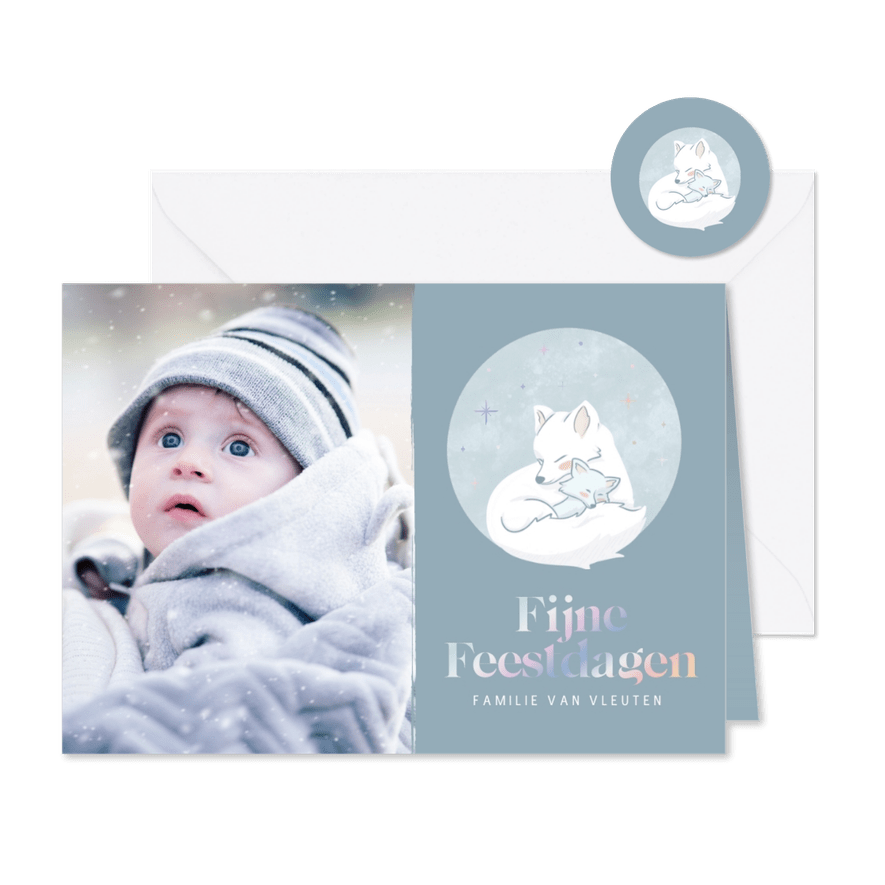 Schattige kerstkaart met poolvosje en baby in blauw - Kaartimpressie