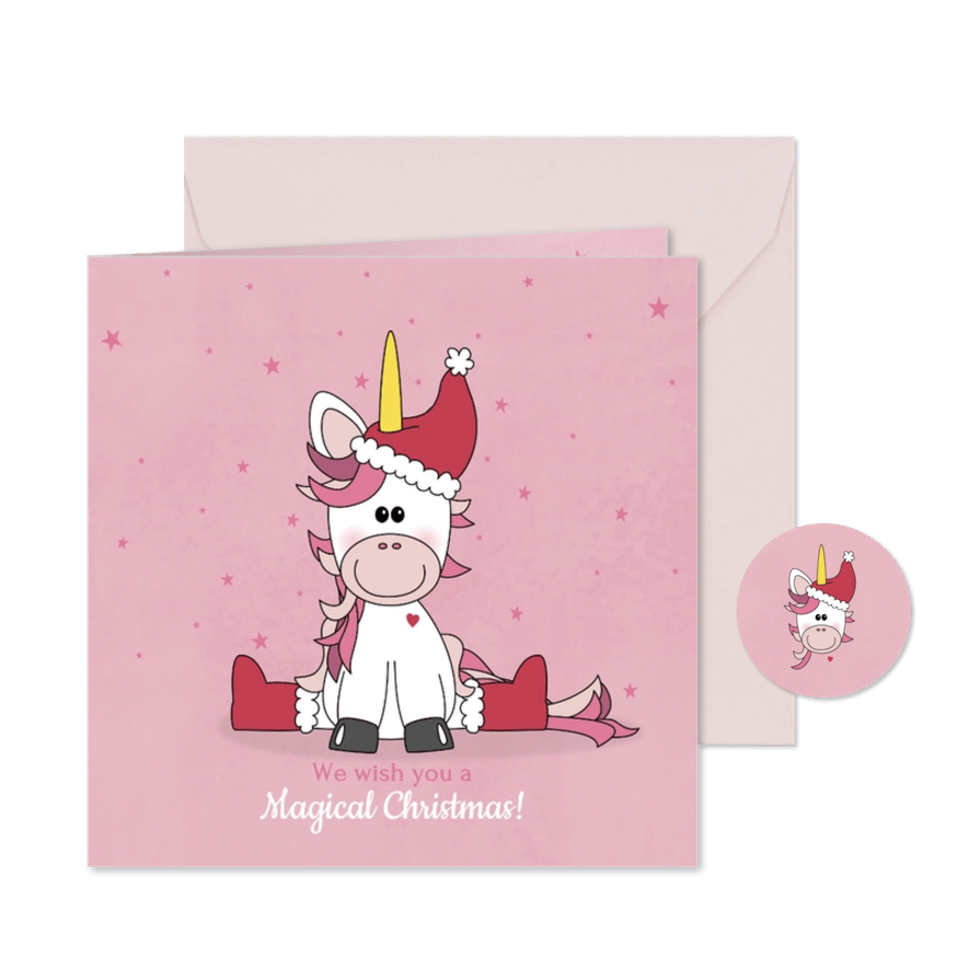 Schattige roze kerstkaart met een kerst eenhoorn - Kaartimpressie
