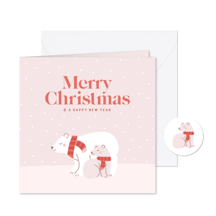 Schattige roze kerstkaart met ijsbeertjes met sjaal - Kaartimpressie