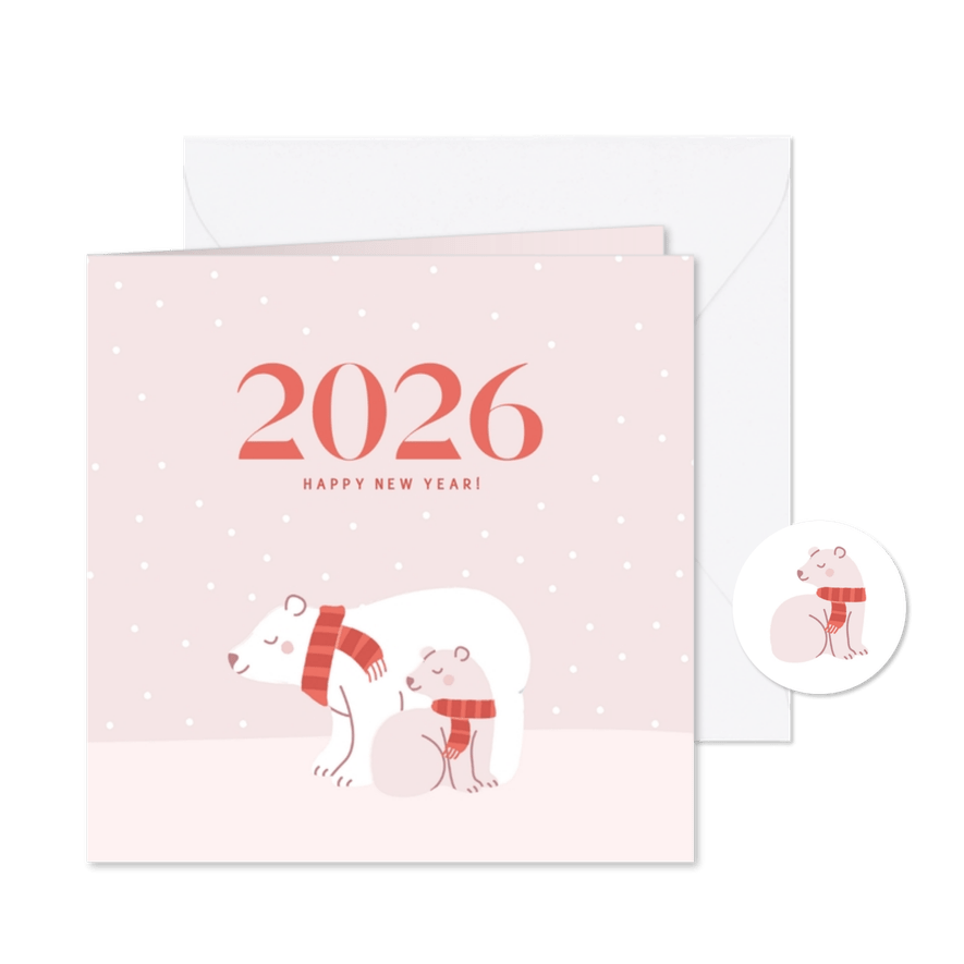 Schattige roze nieuwjaarskaart met ijsbeertjes in de sneeuw - Kaartimpressie