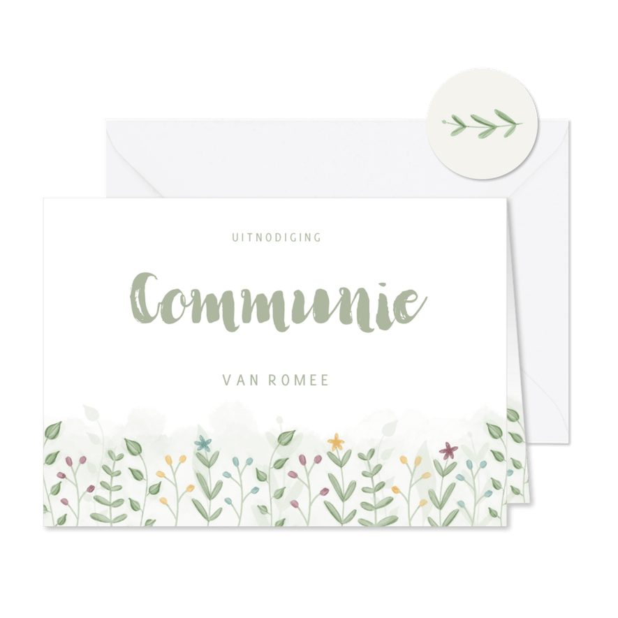 Schattige uitnodiging communie met takjes en bloemetjes - Kaartimpressie