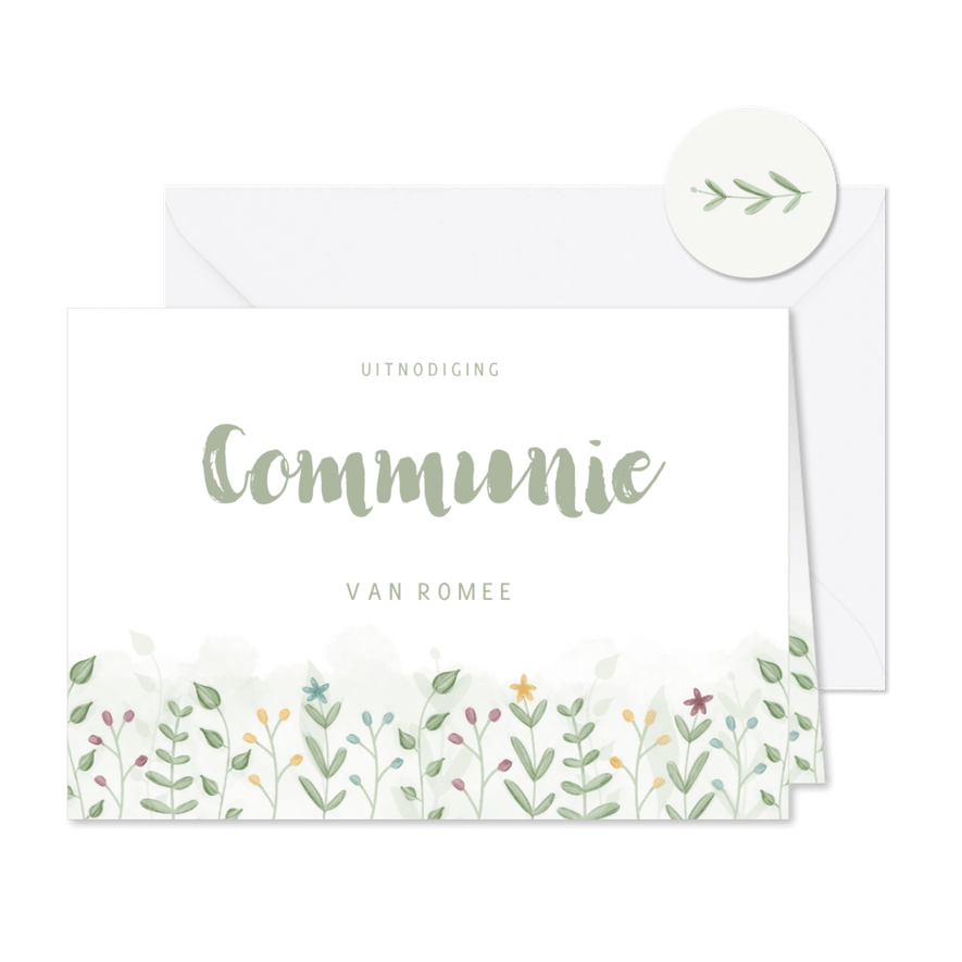 Schattige uitnodiging communie met takjes en bloemetjes - Kaartimpressie