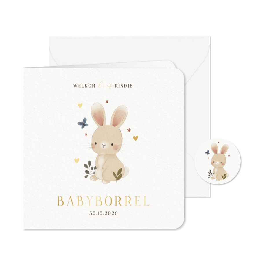 Schattige uitnodiging kraamborrel konijntje plantjes - Kaartimpressie