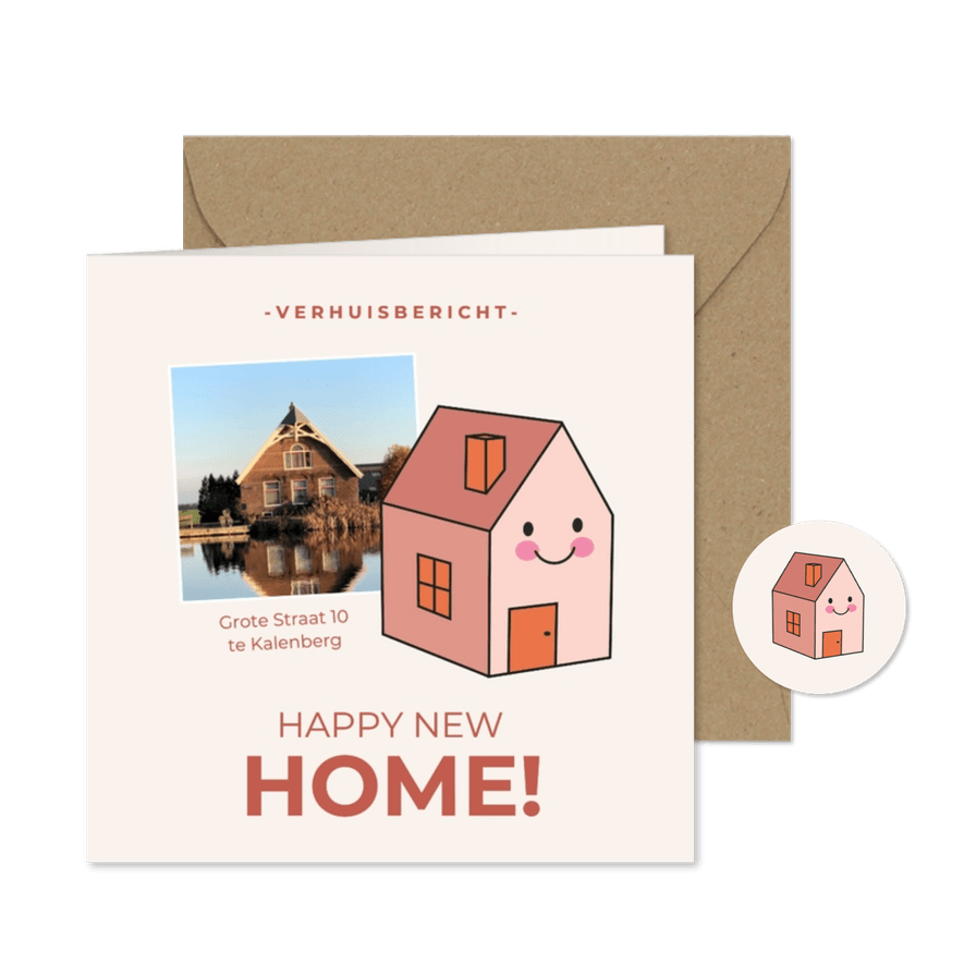Schattige verhuiskaart huisje met gezicht en foto - Kaartimpressie
