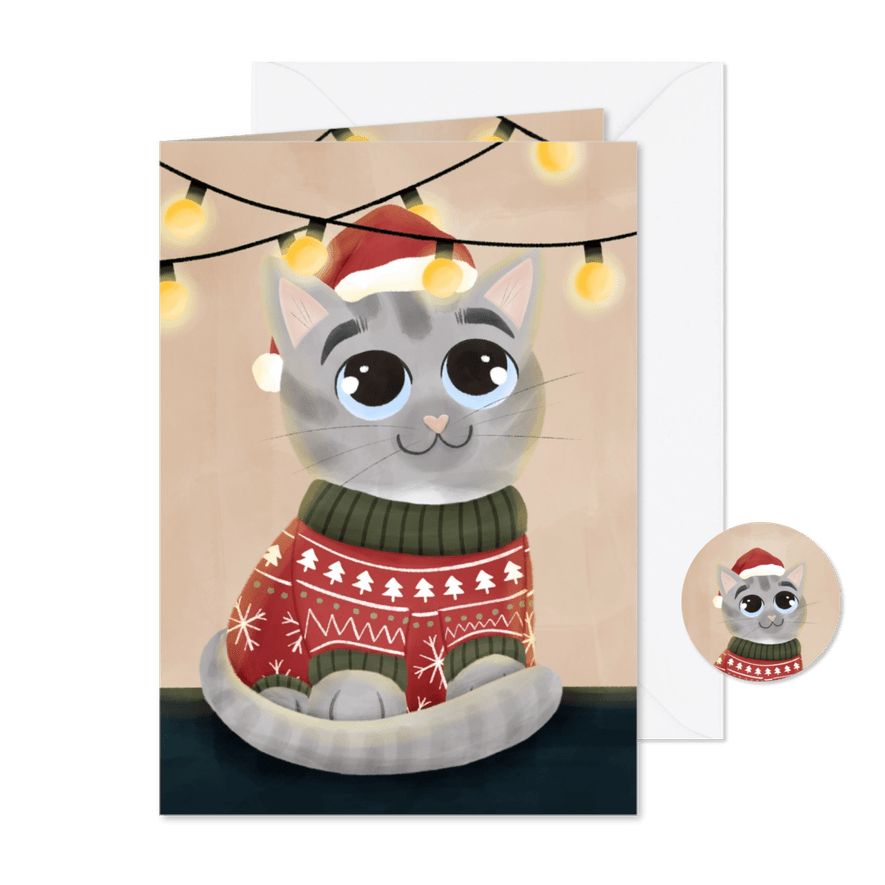 Sfeervol kerstkaartje met een kat in een kersttrui - Kaartimpressie