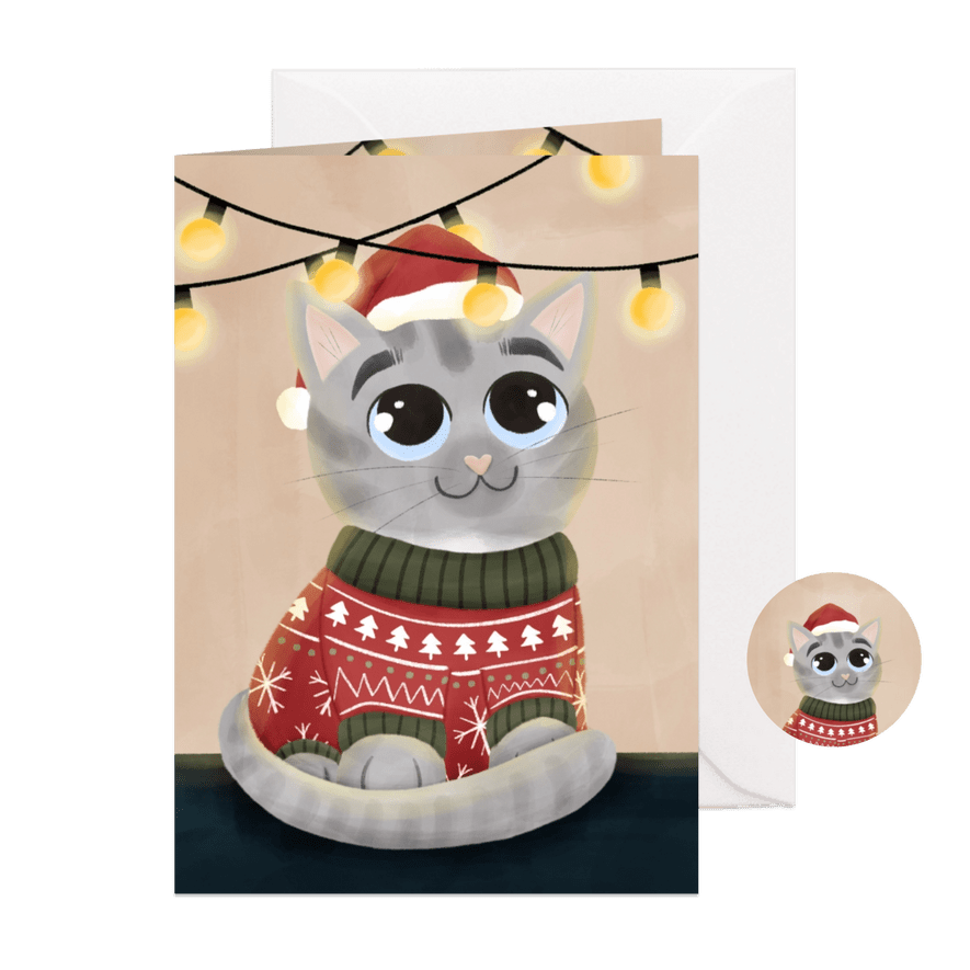 Sfeervol kerstkaartje met een kat in een kersttrui - Kaartimpressie