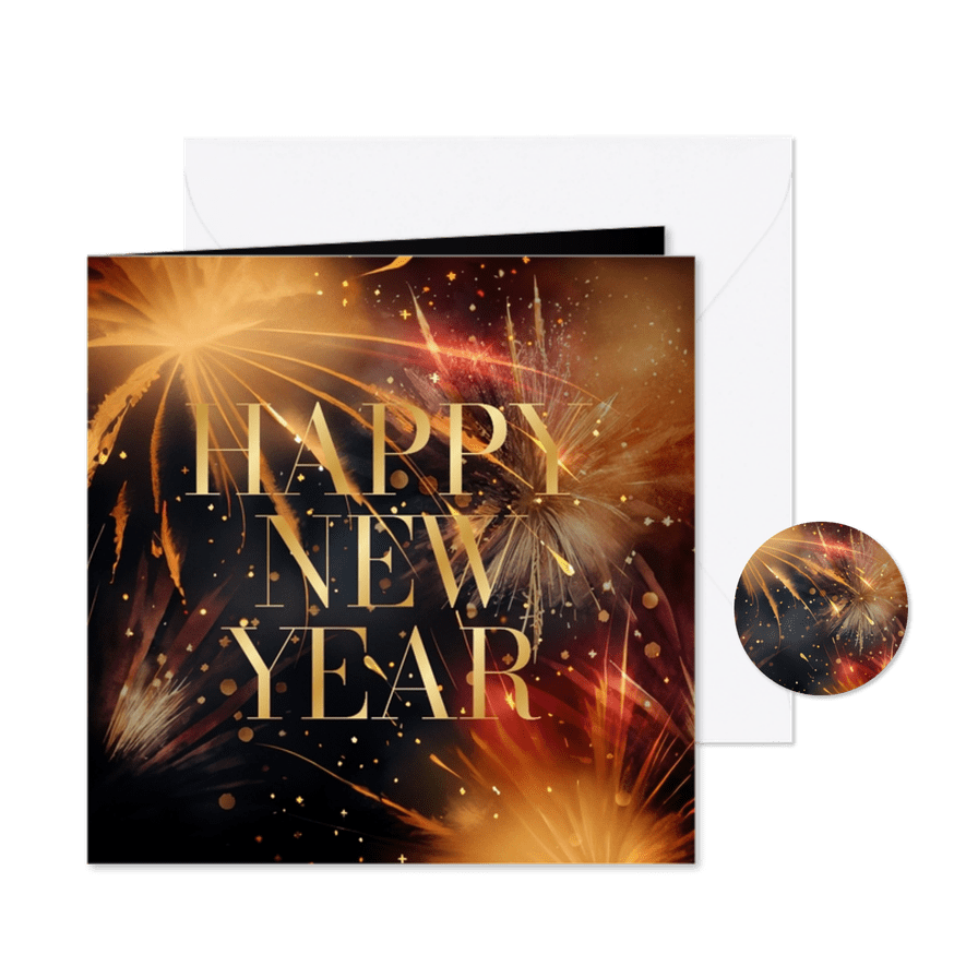 Sfeervol nieuwjaarkaartje met vuurwerk happy new year goud - Kaartimpressie