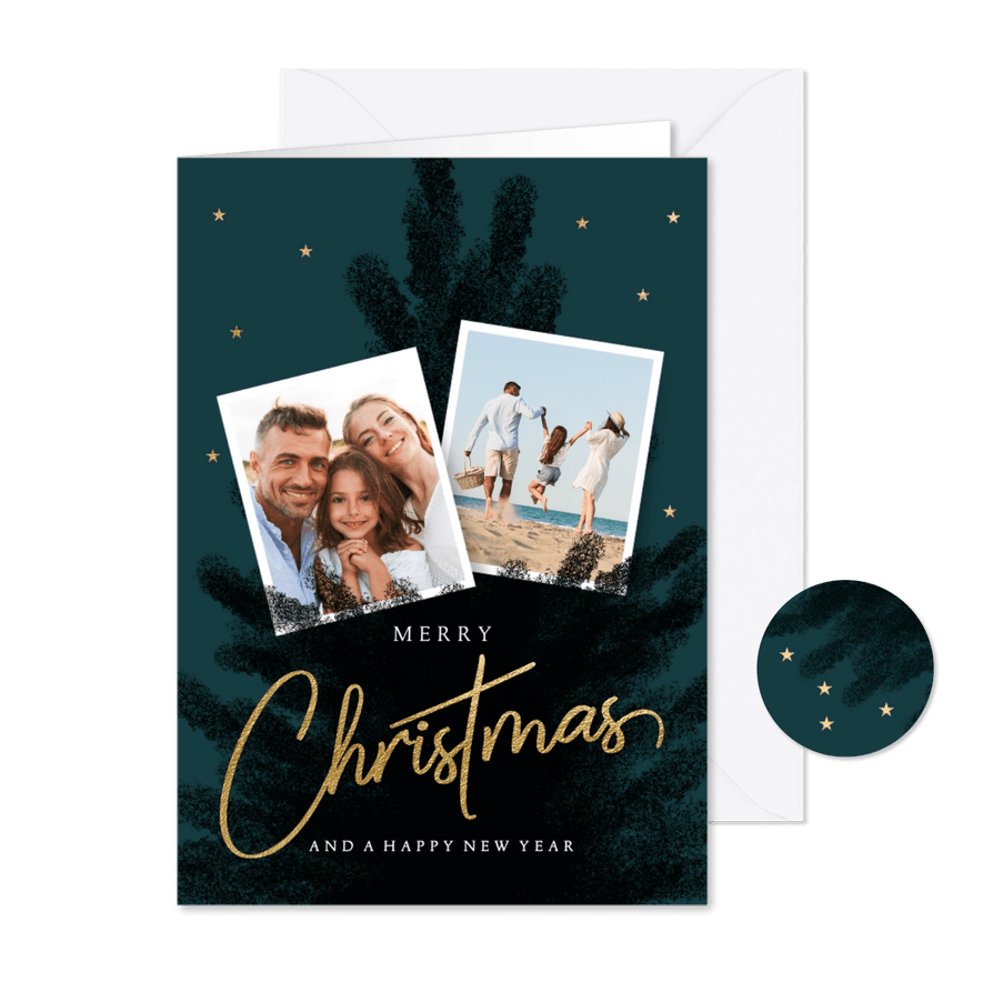 Sfeervolle foto kerstkaart kerstboom en foto's - Kaartimpressie