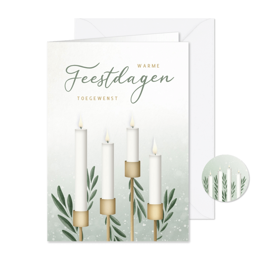 Sfeervolle groene kerstkaart met 4 kaarsen en olijftakjes - Kaartimpressie