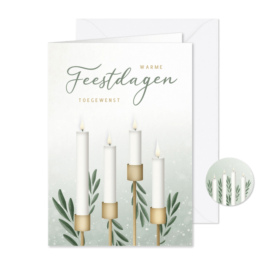 Sfeervolle groene kerstkaart met 4 kaarsen en olijftakjes - Kaartimpressie