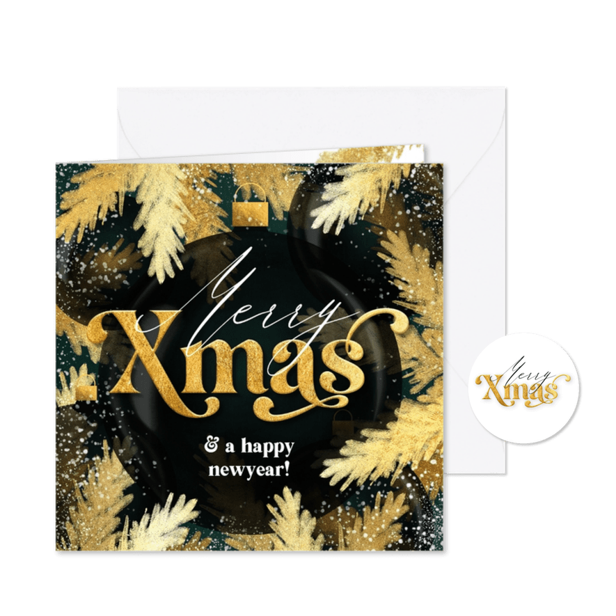 Sfeervolle kerstkaart merry xmas kerstballen takken goud - Kaartimpressie