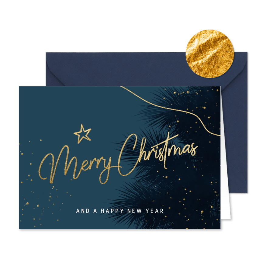 Sfeervolle kerstkaart met blauwe dennentakken en goud - Kaartimpressie