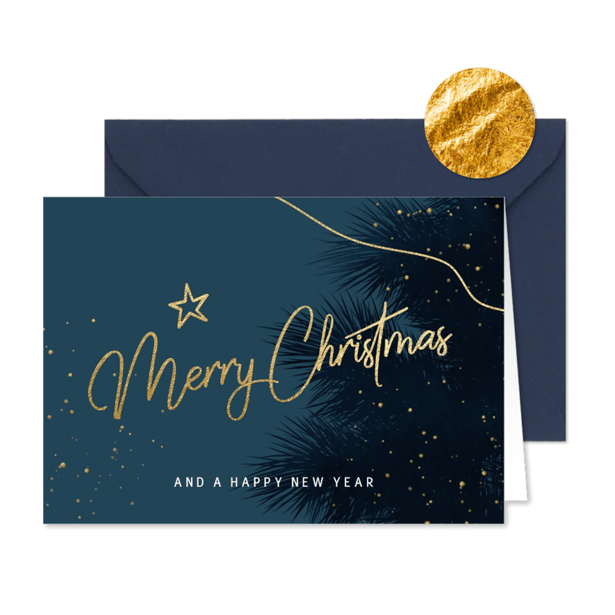 Sfeervolle kerstkaart met blauwe dennentakken en goud - Kaartimpressie