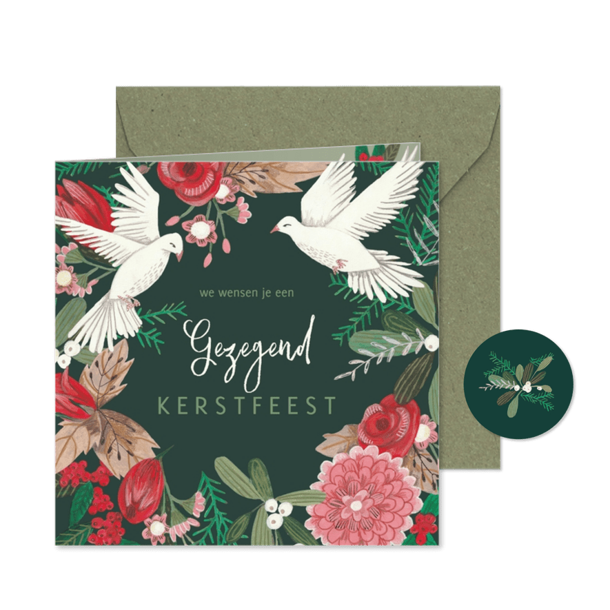 Sfeervolle kerstkaart met witte duiven en kerst groen - Kaartimpressie