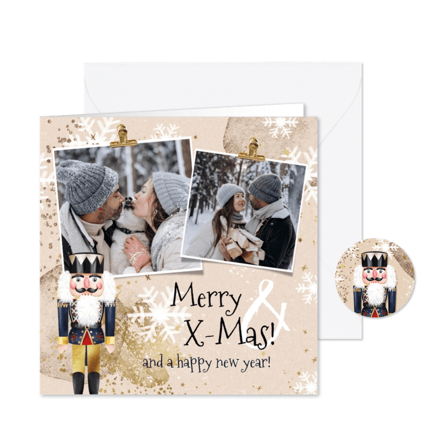 Sfeervolle kerstkaart notenkraker goudlook sterren foto's - Kaartimpressie