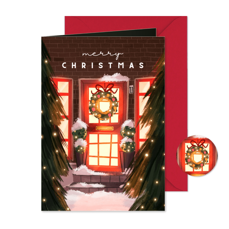 Sfeervolle kerstkaart voorgevel kerst huisje - Kaartimpressie