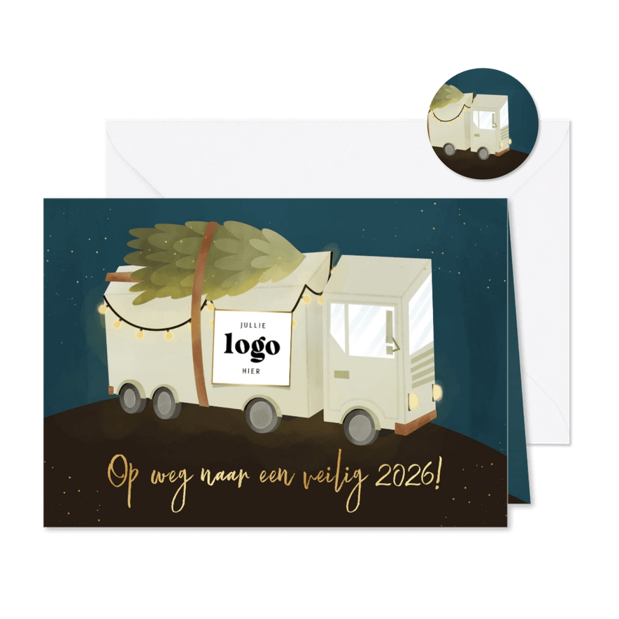 Sfeervolle kerstkaart zakelijk met vrachtwagen in de nacht - Kaartimpressie