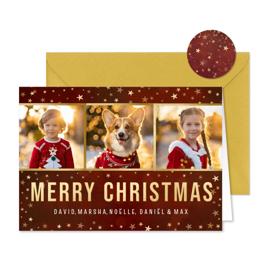 Sfeervolle rode kerstkaart met sterretjes en 3 eigen foto's - Kaartimpressie