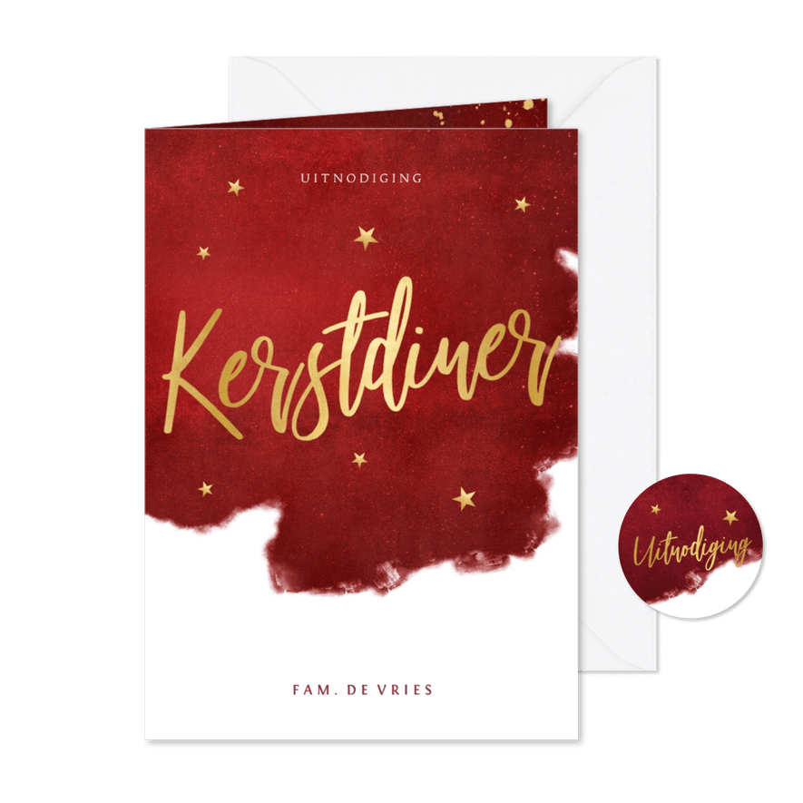 Sfeervolle uitnodiging kerstdiner warmrood goud waterverf - Kaartimpressie