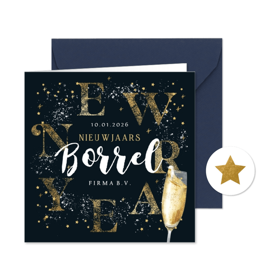 Sfeervolle uitnodiging nieuwjaarsborrel champagneglas - Kaartimpressie