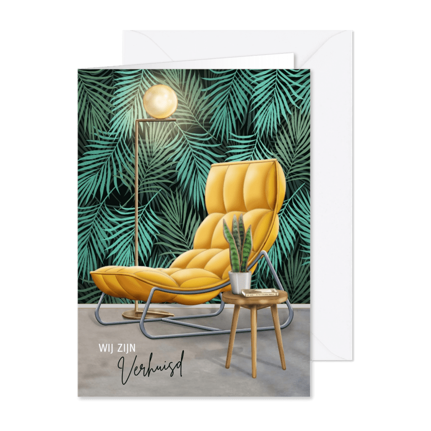 Sfeervolle verhuiskaart grafisch behang en trendy stoel - Kaartimpressie