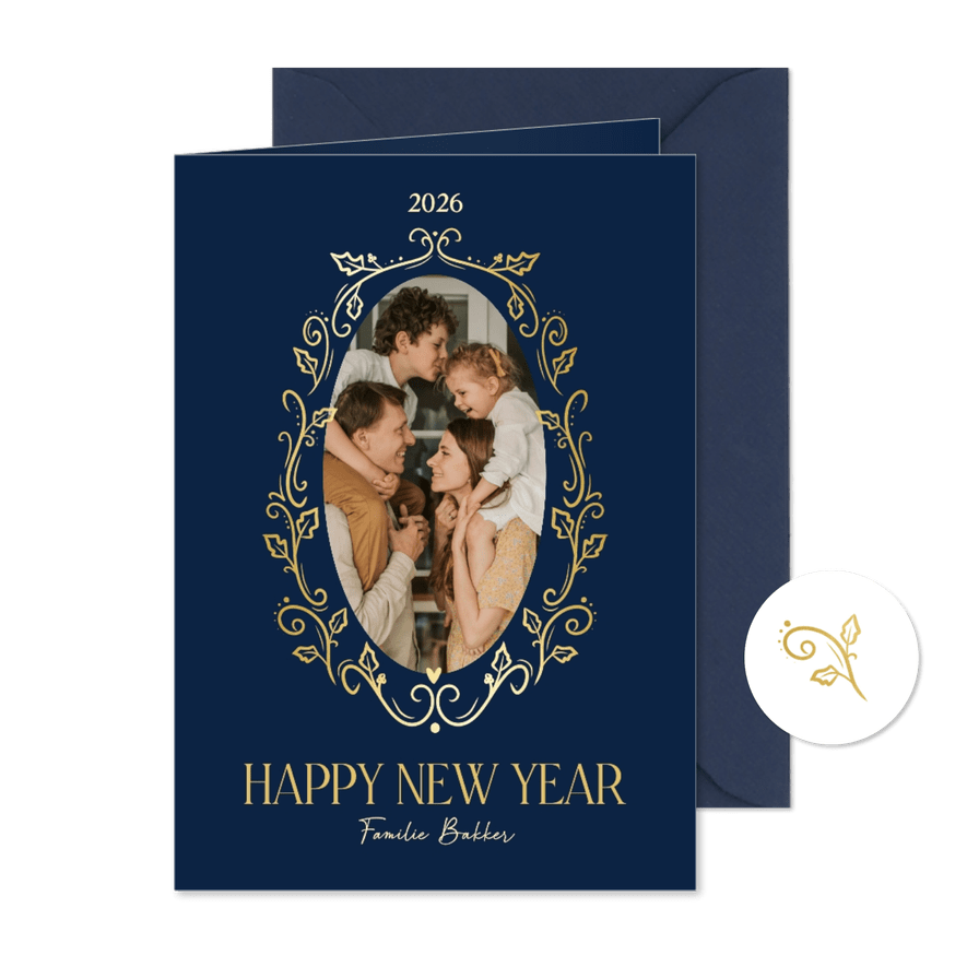 Sierlijk blauwe fotokaart nieuwjaar gouden kader takjes - Kaartimpressie