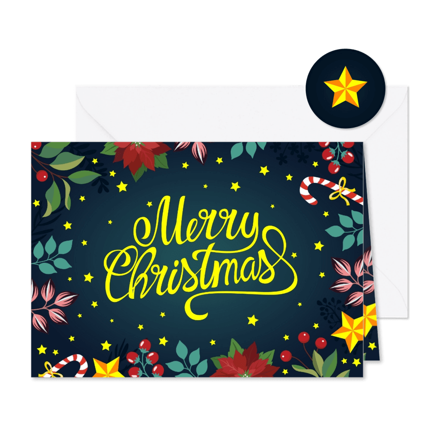 Sierlijke kerstkaart Merry Christmas bloemen en sterren - Kaartimpressie