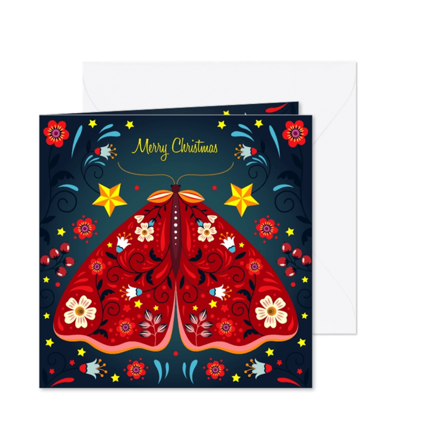 Sierlijke kerstkaart mot bloemen en sterren - Kaartimpressie