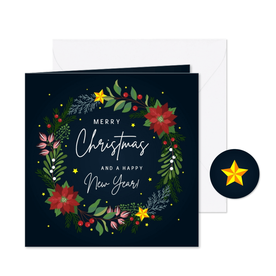 Sierlijke Merry Christmas kerstkaart met kerstkrans - Kaartimpressie