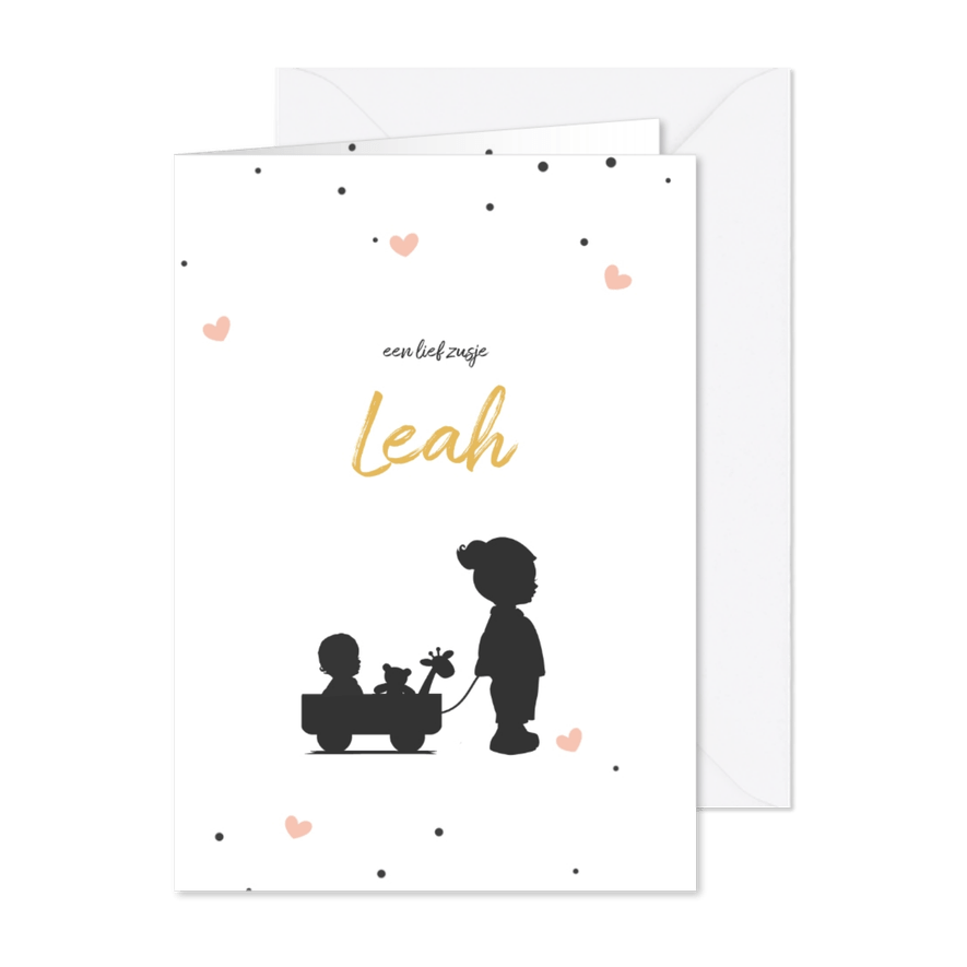Silhouet geboortekaartje met een grote zus en baby in kar - Kaartimpressie