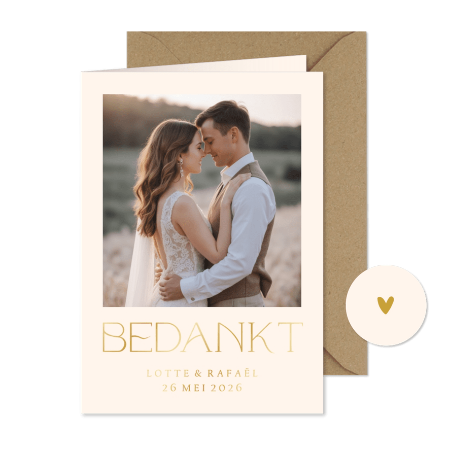 Simpele bedankkaart met foto en goudfolie - Kaartimpressie