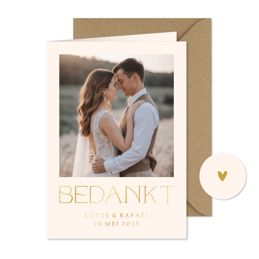 Simpele bedankkaart met foto en goudfolie - Kaartimpressie