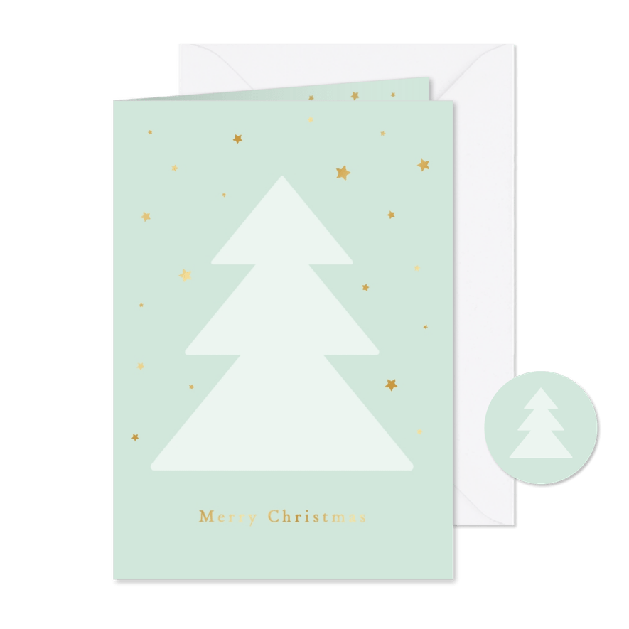 Simpele groene kerstkaart met kerstboom en gouden sterretjes - Kaartimpressie