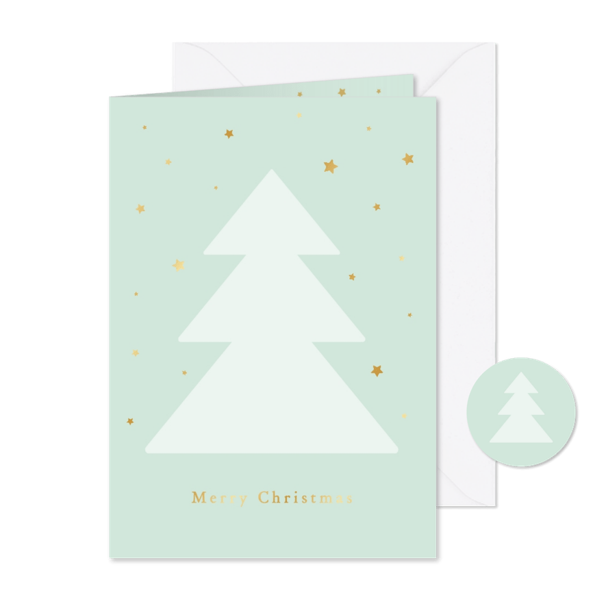 Simpele groene kerstkaart met kerstboom en gouden sterretjes - Kaartimpressie