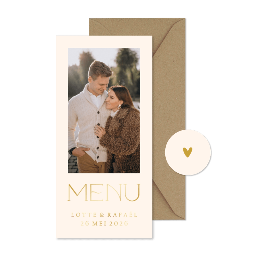 Simpele menukaart met foto en goudfolie - Kaartimpressie