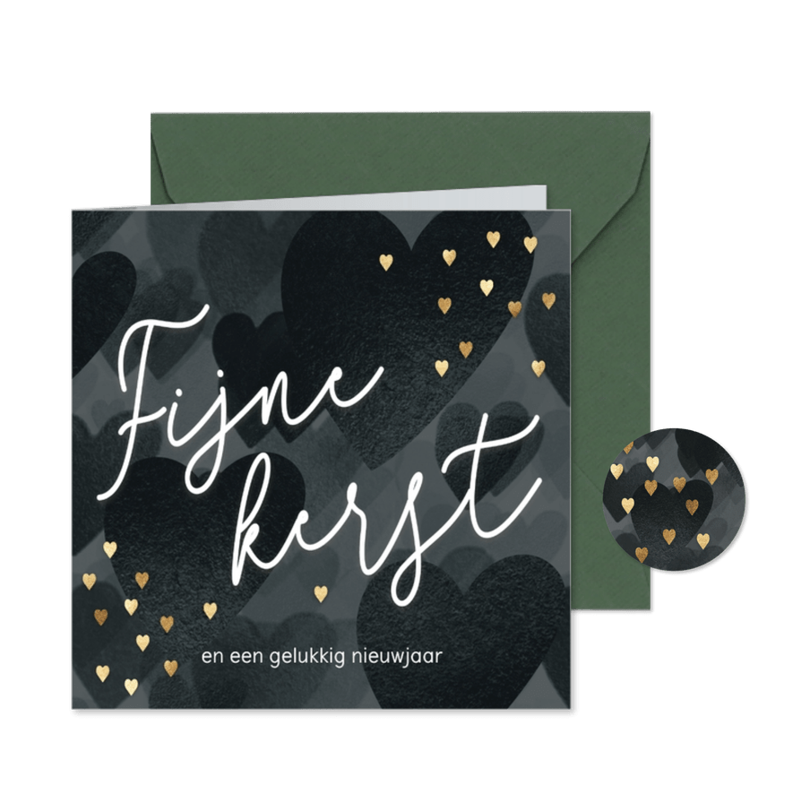 Sjiek kerstkaartje met lieve hartjes zwart wit goud - Kaartimpressie