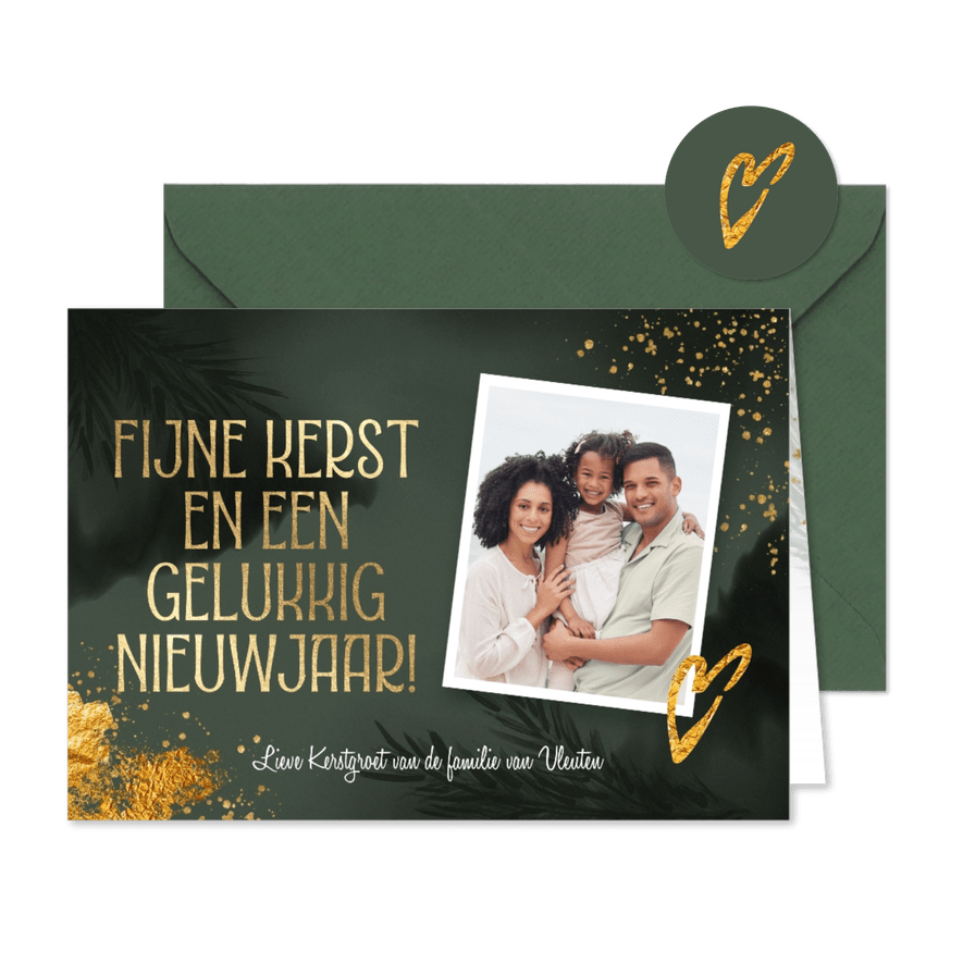 Sjieke foto kerstkaart met goud hartje - Kaartimpressie