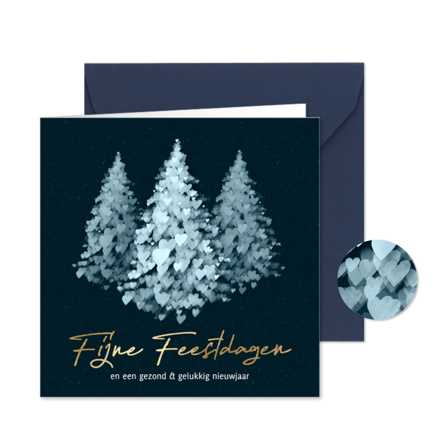 Sjieke kerstkaart blauwe kerstboom hartjes - Kaartimpressie