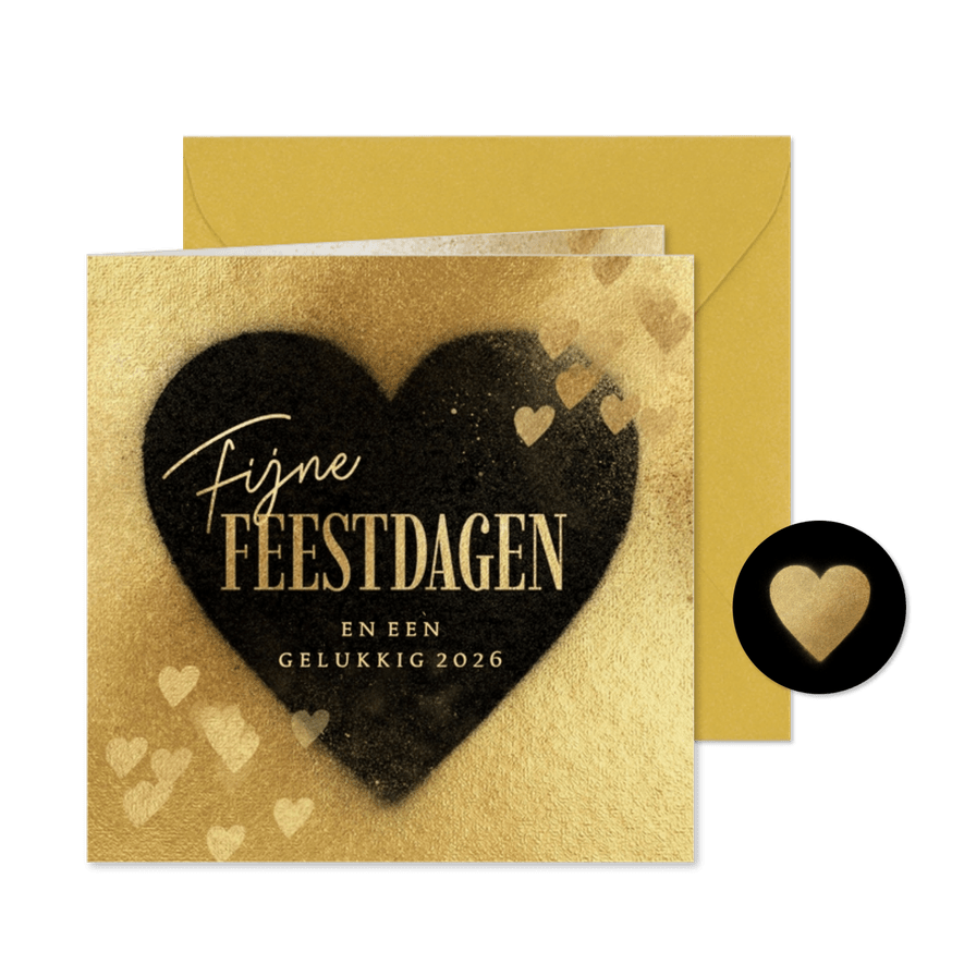 Sjieke kerstkaart goud met hart - Kaartimpressie