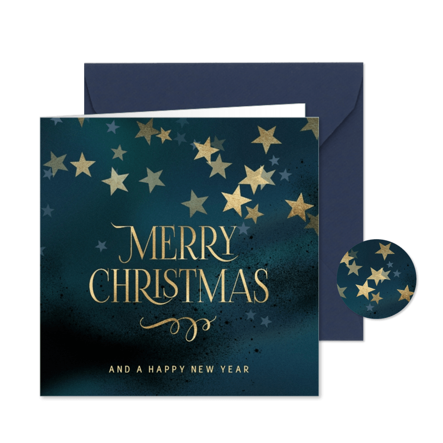 Sjieke kerstkaart gouden sterren op baluwe - Kaartimpressie