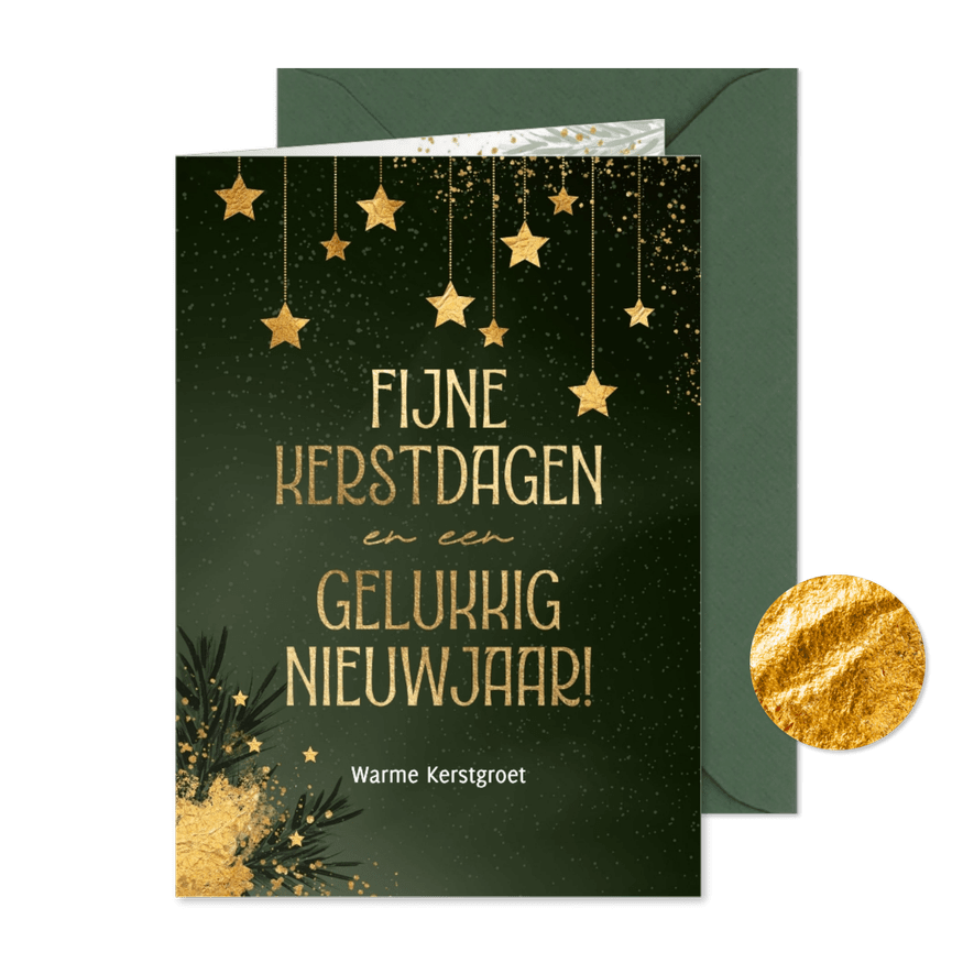 Sjieke kerstkaart groen met goud sterren - Kaartimpressie