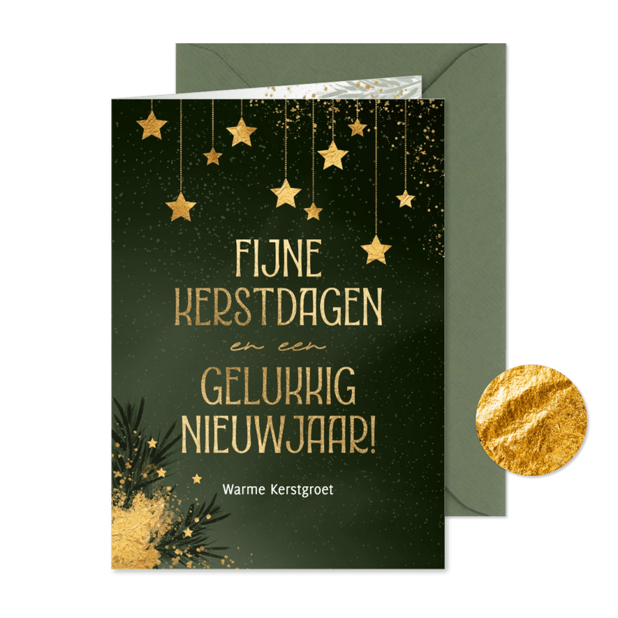 Sjieke kerstkaart groen met goud sterren - Kaartimpressie