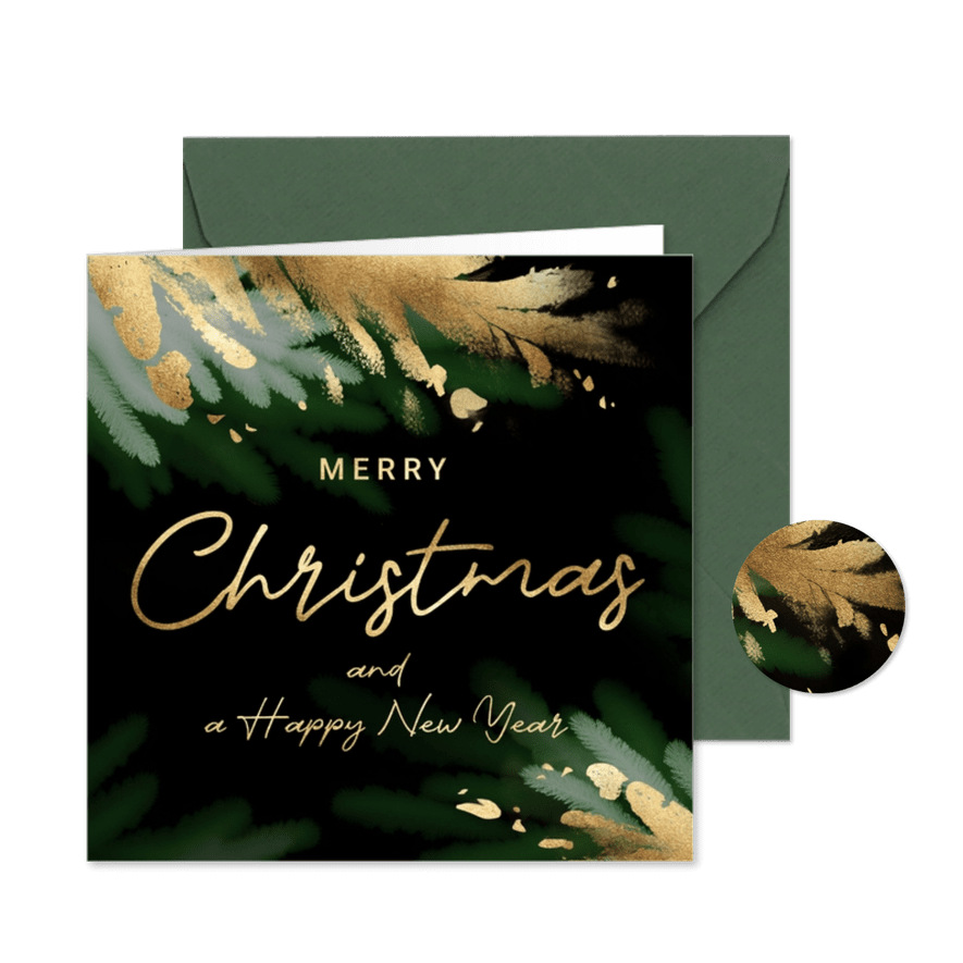 Sjieke kerstkaart in goud en groen dennentakken - Kaartimpressie