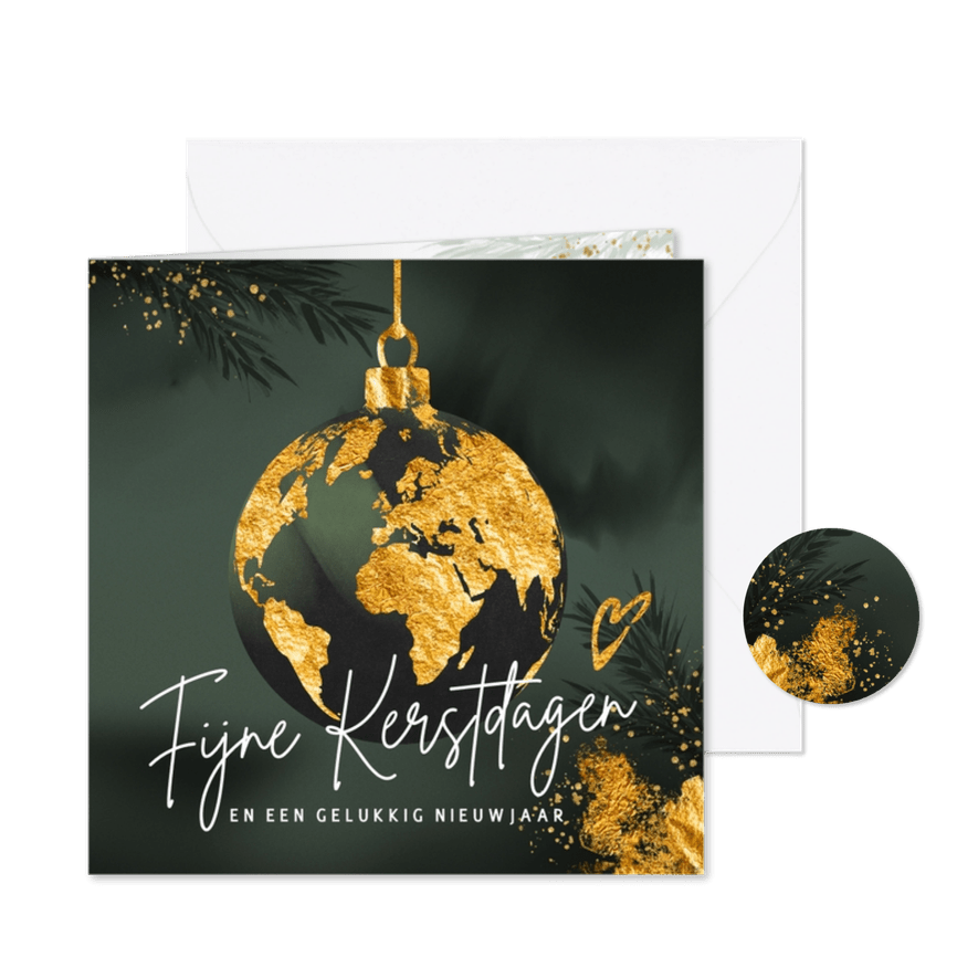 Sjieke kerstkaart kerstbal wereldbol goud - Kaartimpressie