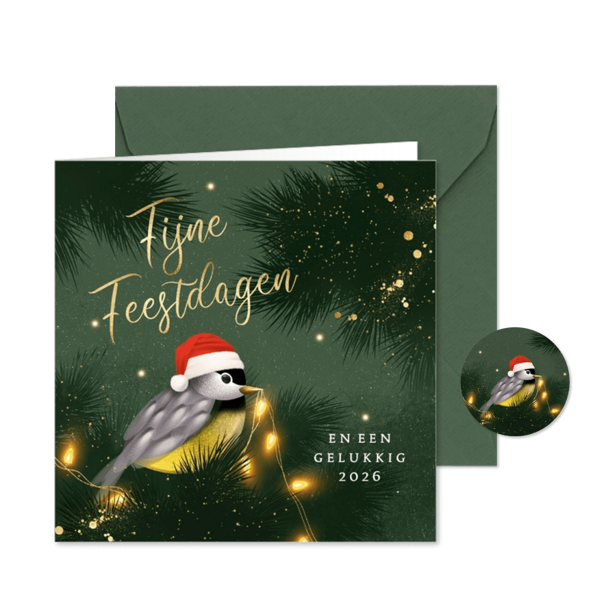 Sjieke kerstkaart koolmeesje kerstboom lichtjes - Kaartimpressie